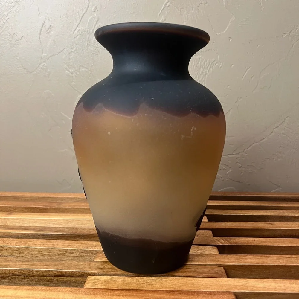 Frosted Amber Art Nouveau Glass Vase Grapevine Cameo Relief Black Ombre Finish